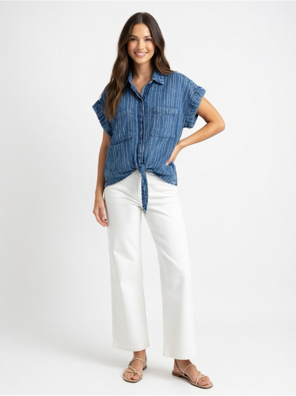 Elan Blue & Pink Striped Tie-Front Short Sleeve Shirt